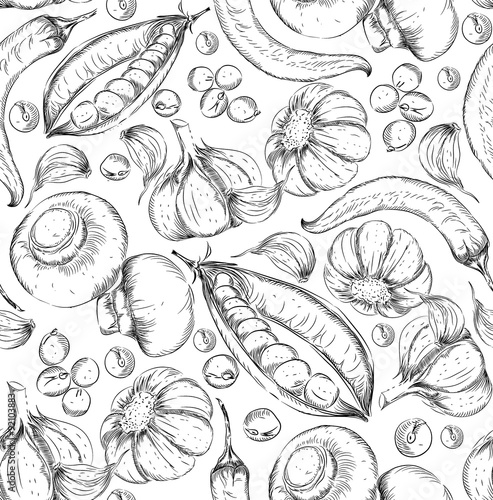 seamless hand drawn background. Sketch style set of vegetables. Vintage eco food. Vector illustration.