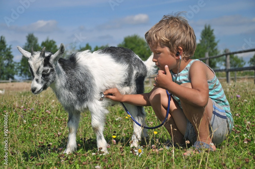 The boy imagined himself the vet and treat the goat