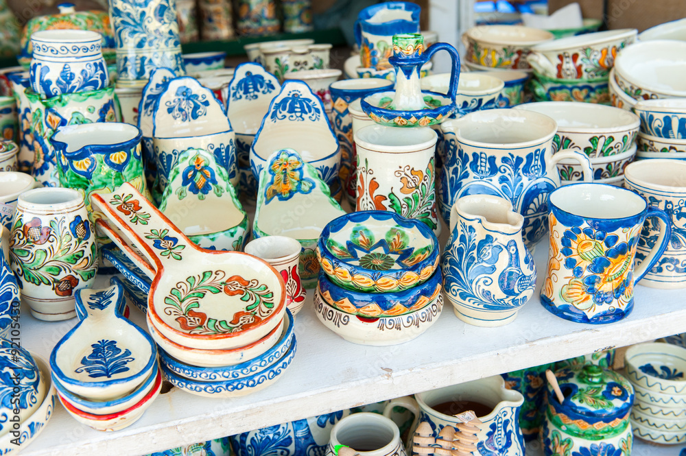 Closeup of traditional romanian colored pottery