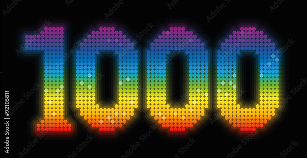 THOUSAND - anniversary jubilee number, exactly one thousand counted rainbow colored platelets - illustration over black background.