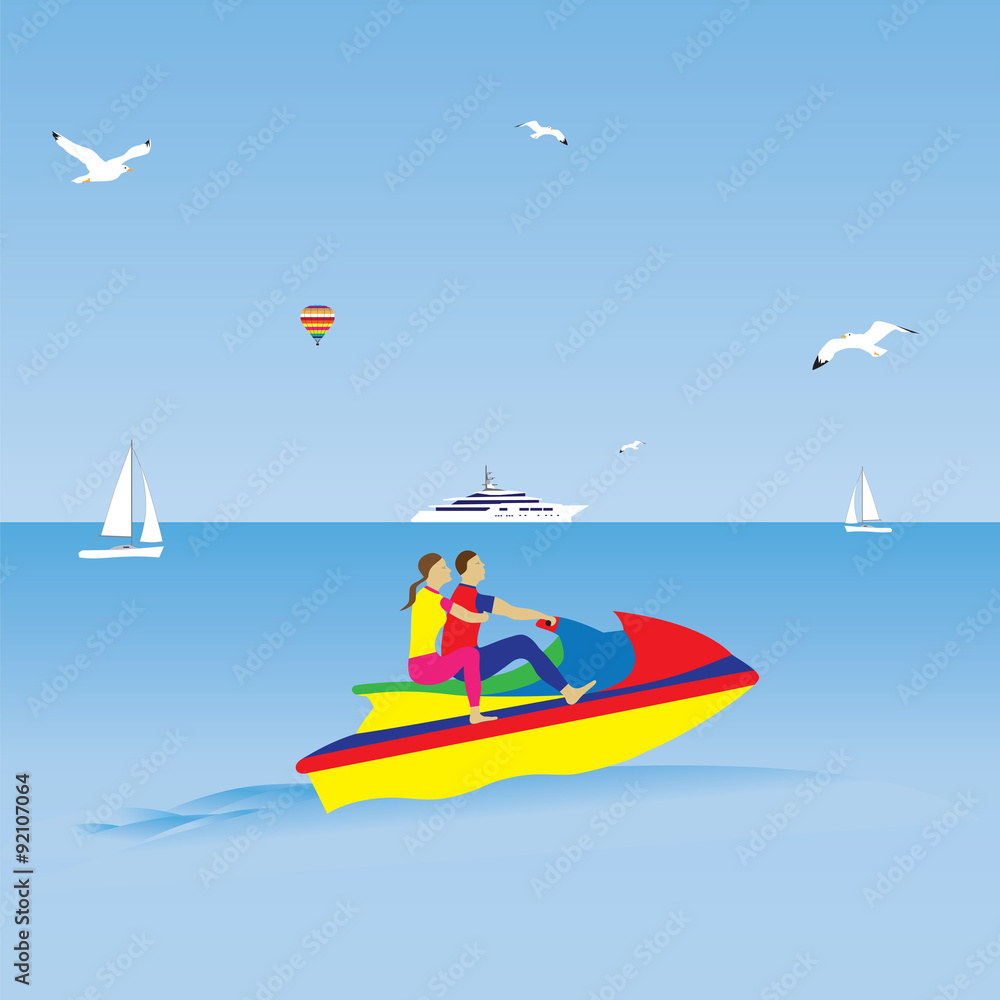 Couple on a jet ski. Summer vacation. Water sports. Couple on a jet ski. Summer vacation. Water sports.
