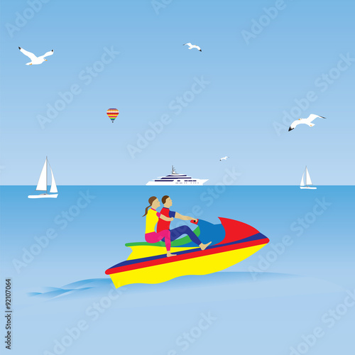 Couple on a jet ski. Summer vacation. Water sports.