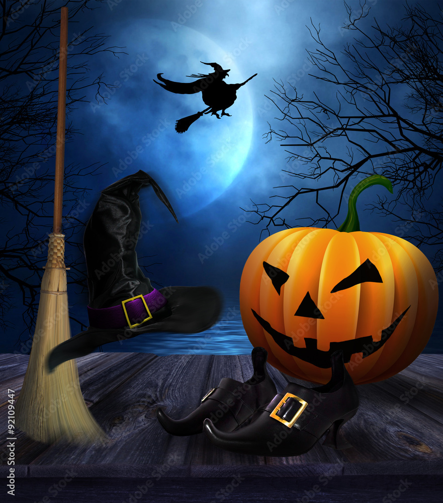 Witches broom hat and shoes with Halloween background Stock Photo | Adobe  Stock