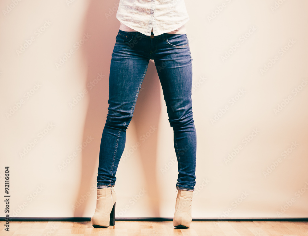 woman legs in denim trousers high heels shoes woman legs in denim trousers high heels shoes