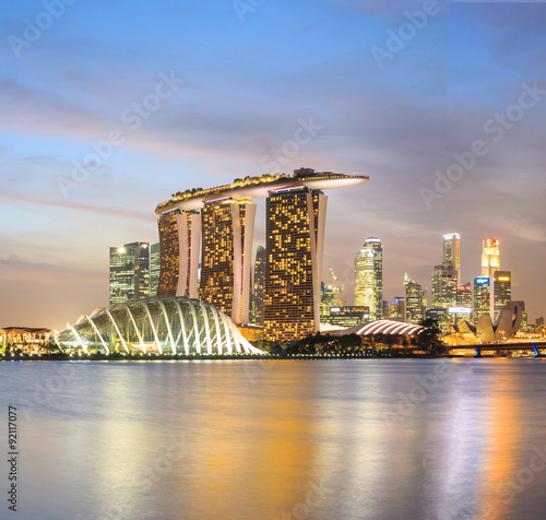 Singapore city skyline at twilight.