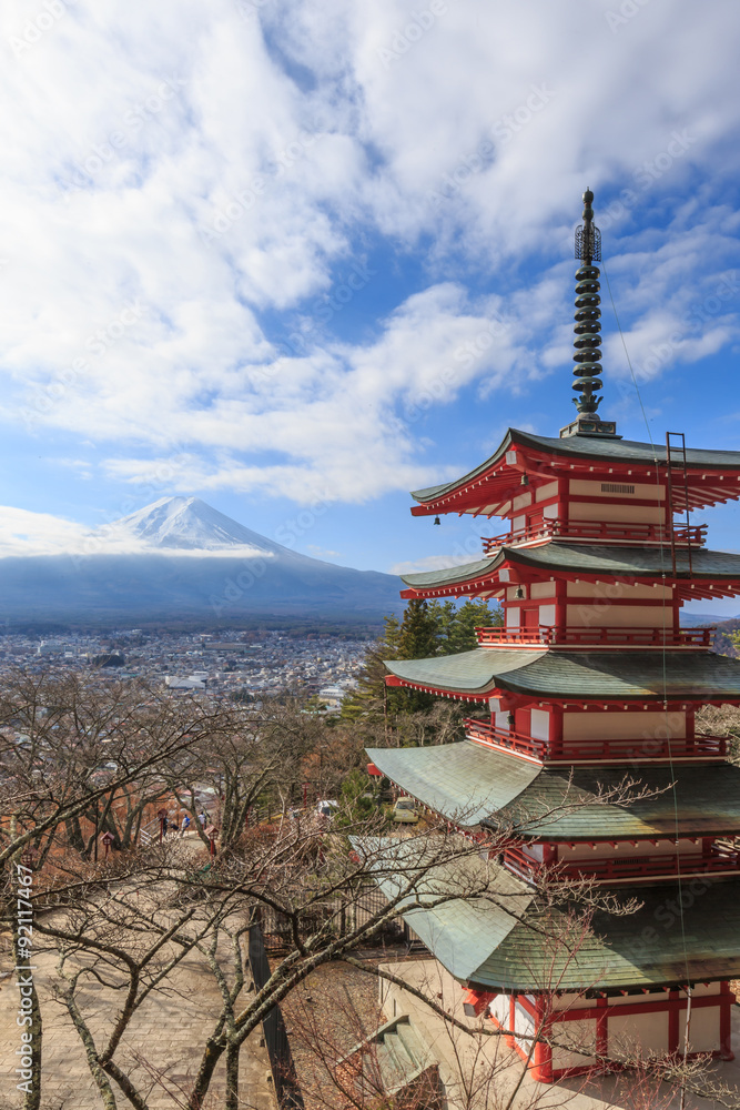 Mt. Fuji viewed from behind Chureito Pagoda.