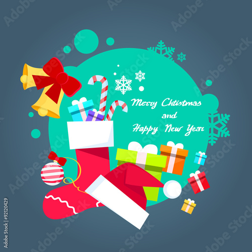 Merry Christmas Poster Greeting Card Gift Box Hat Socks