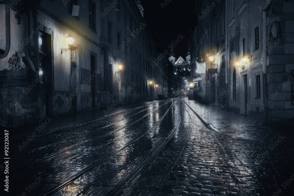 Rainy night in old European city