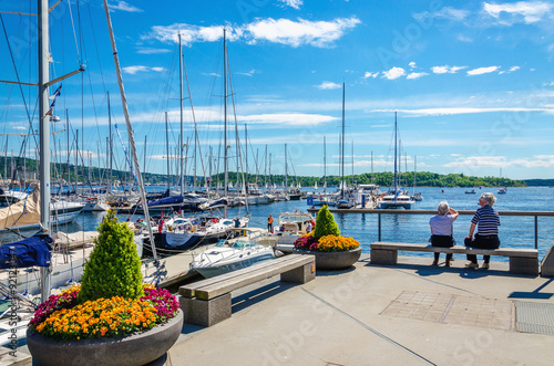 Yachts and pier with flowers, Oslo Fjord, Norway