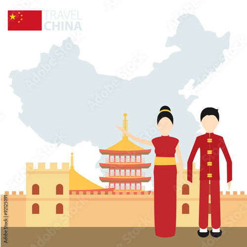 Chinese couple in national costumes on a background map of China