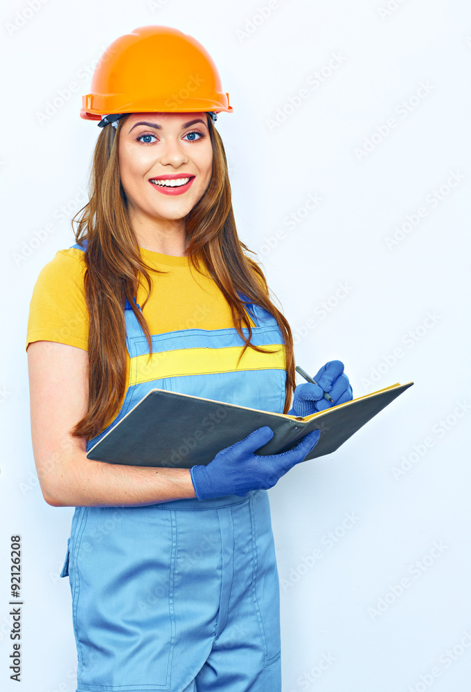 Engineer woman smile, hold business paper. Engineer woman smile, hold business paper.
