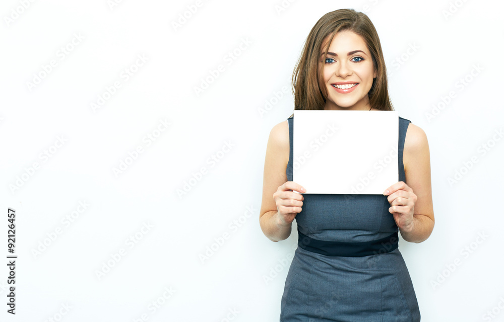 Smiling business woman hold white advertising board. Smiling business woman hold white advertising board.