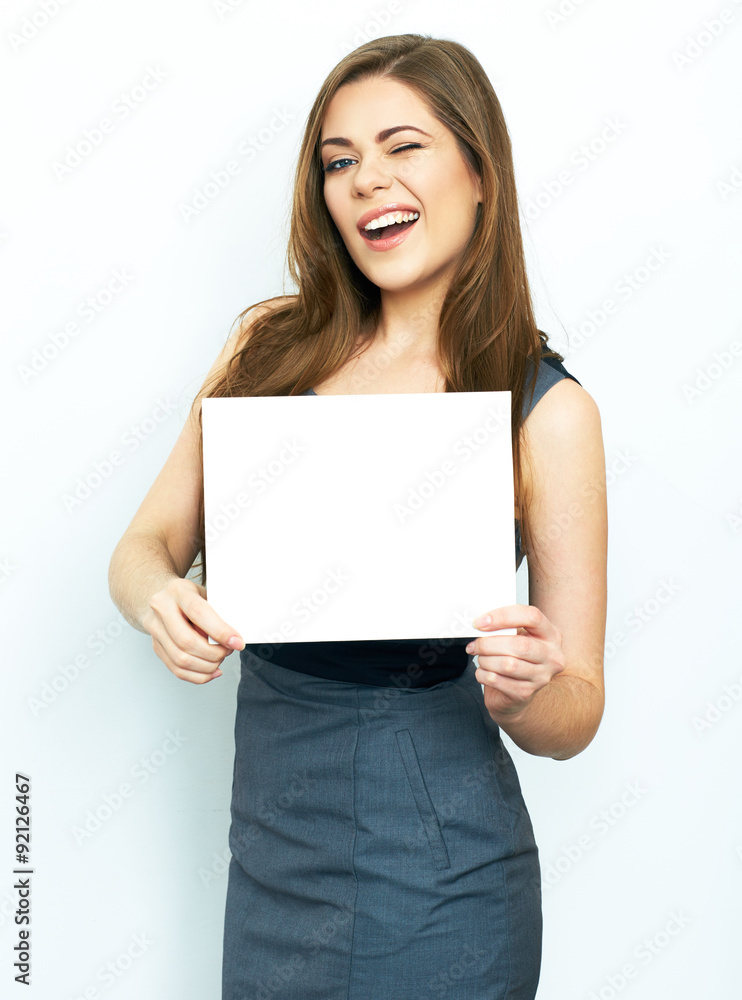 Emotional business woman hold white card. Isolated portrait. Emotional business woman hold white card. Isolated portrait.