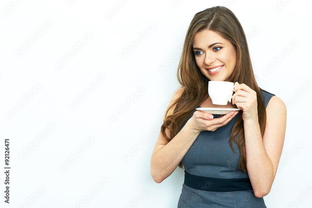 Smiling Business woman hold white coffee cup. Business woman d Smiling Business woman hold white coffee cup. Business woman d