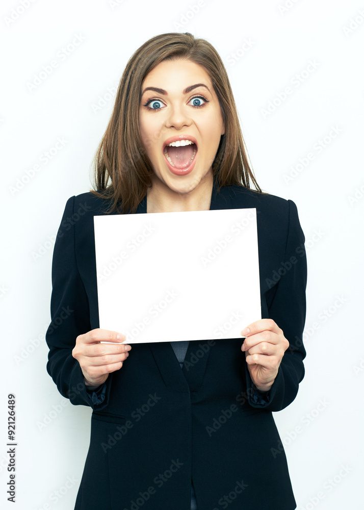 Happy emotional business woman show white sign card. Happy emotional business woman show white sign card.