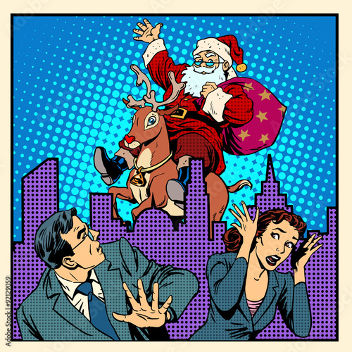 Nightmare holidays Santa Claus on reindeer and panic people