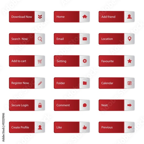 Web buttons with icons. Red elements. Vector Illustration. EPS10