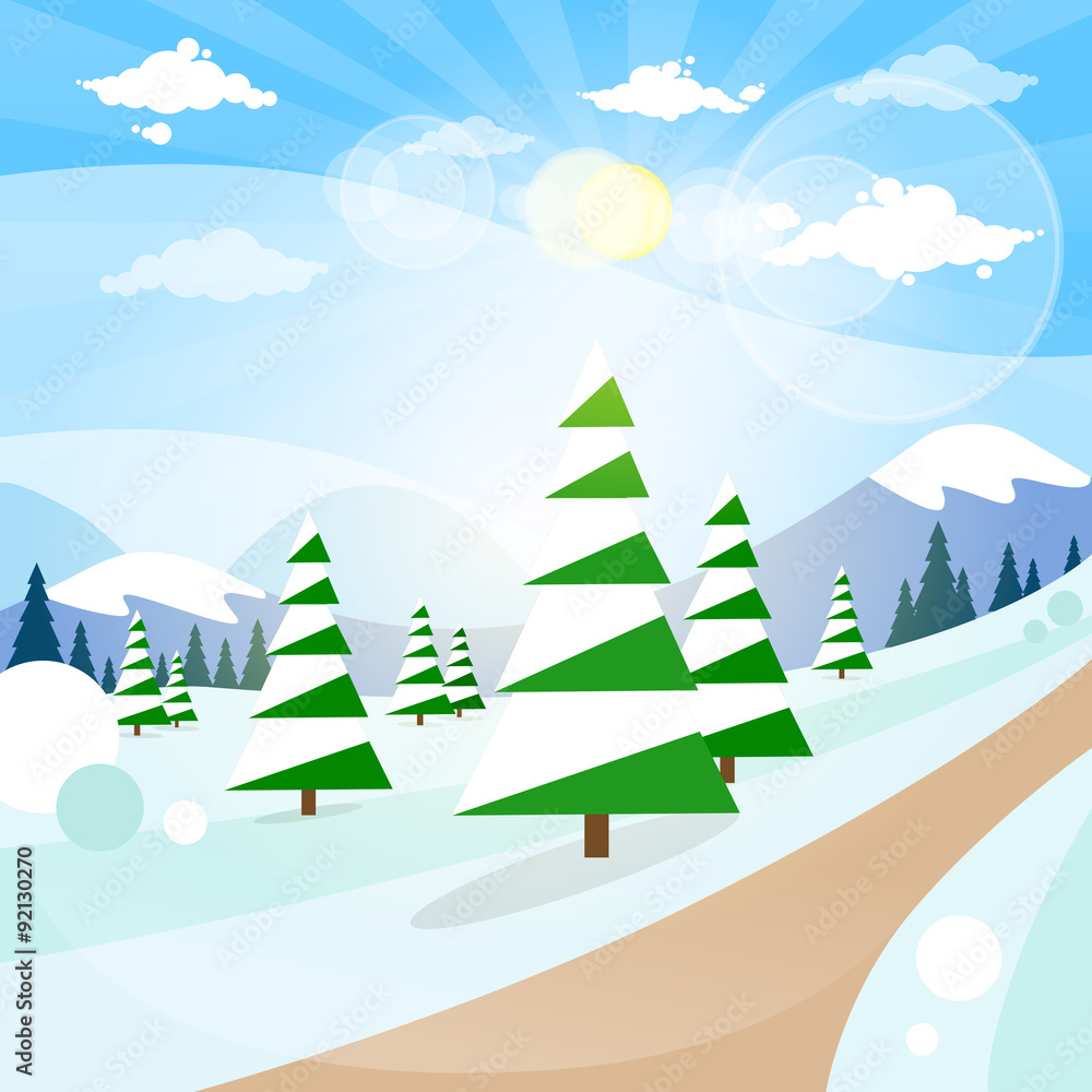 Winter Forest Landscape Christmas Background, Pine Snow Trees