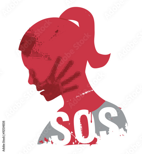 SOS Violence against woman.
Young Woman head grunge silhouette with hand print on the face and sign SOS. Illustration on the white background.. Vector available.
