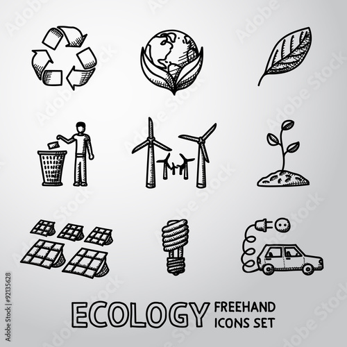 Set of handdrawn ECOLOGY icons  - recycle sign, green earth