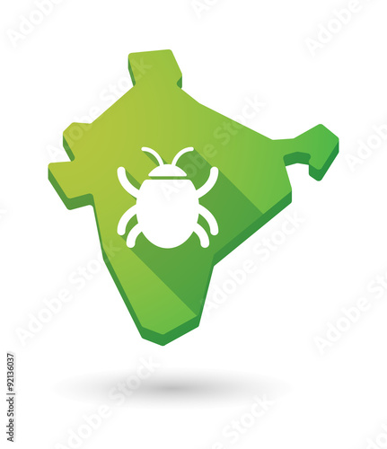 Long shadow India map icon with a bug