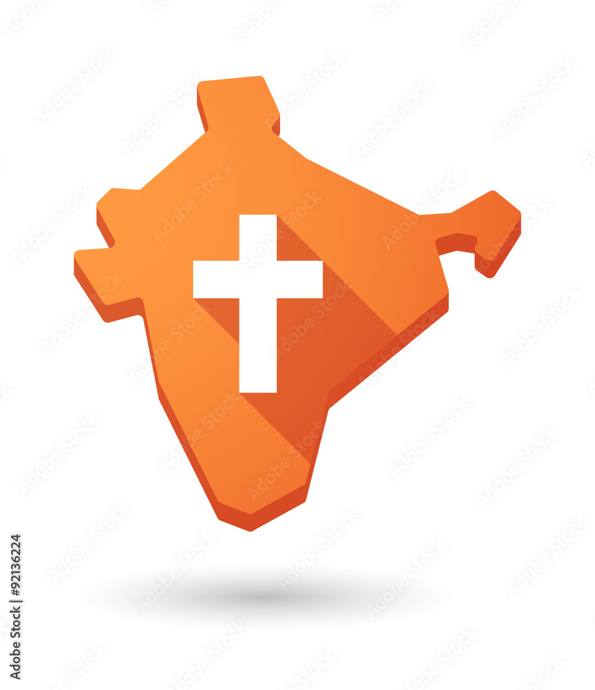 Long shadow India map icon with a christian cross Long shadow India map icon with a christian cross