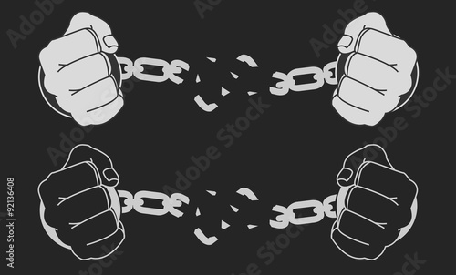Male hands breaking steel handcuffs. Chalk