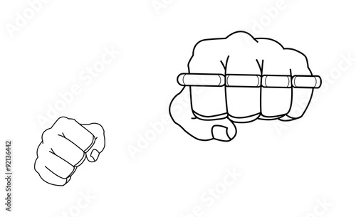 Clenched fists holding brass-knuckle. Punch. Contour