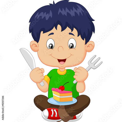 Cartoon boy eating cake isolated on white background