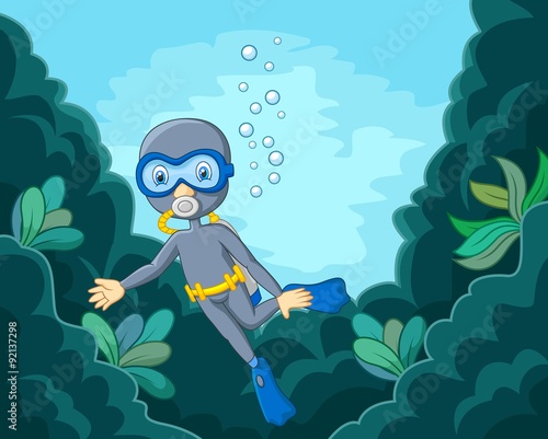 Cartoon boy diving in the sea