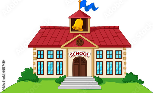 Cartoon school building isolated with green yard