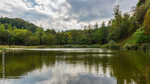 Amazing colorful landscape with lake and park, early fall, Lviv, Ukraine