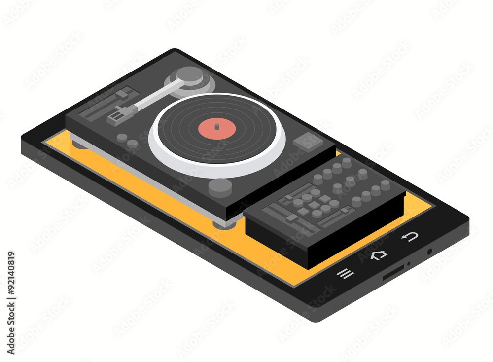 music isometric flat concept. Mobile phone player music isometric flat concept. Mobile phone player