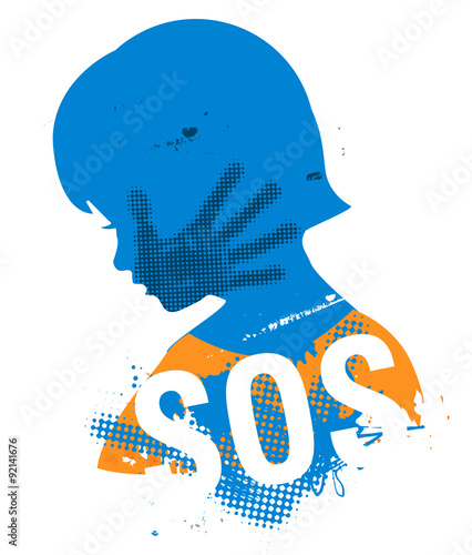 SOS Violence against children.Little girl head grunge silhouette with with hand print after hand slap and sign SOS. Illustration on the white background.. Vector available.