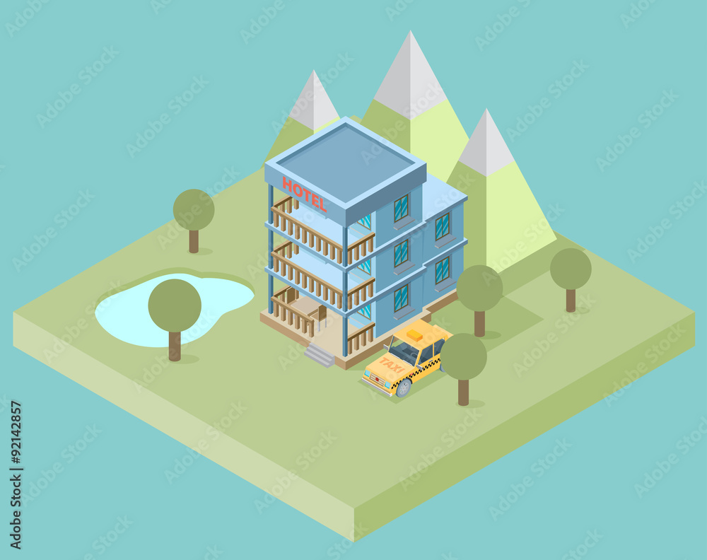 Fototapeta premium Hotel booking 3d isometric design concept. Vector illustration 