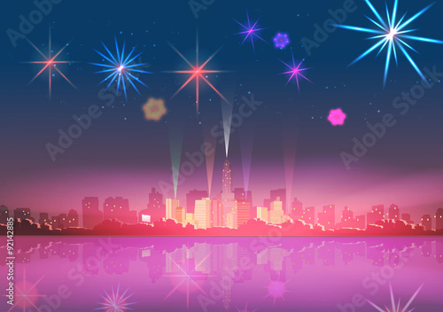 City Skyline at Night with Reflections Background - Vector Illustration