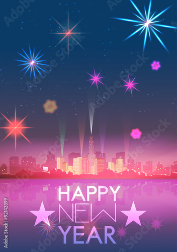 New Year Party Poster Template with City Skyline and Fireworks - Vector Illustration