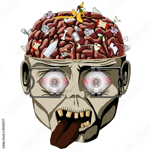 Zombie open the skull, brain seen and a lot of debris, wide eyes expanders, watches the news media