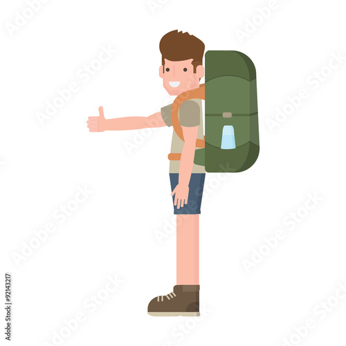 Cartoon traveler hitchhiker with a large backpack concept.