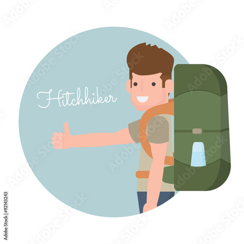 Cartoon traveler hitchhiker with a large backpack concept logo.