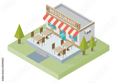 Flat isometric restaurant building with tables and chairs 