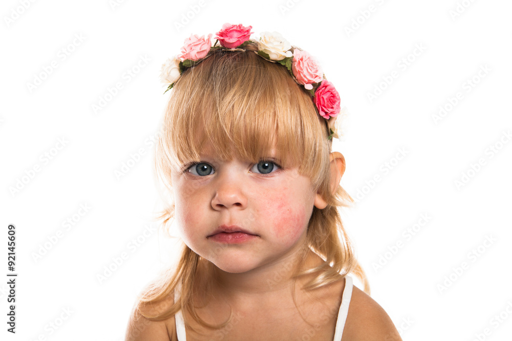 Girl with a diathesis, wreath on her head on a white background Girl with a diathesis, wreath on her head on a white background