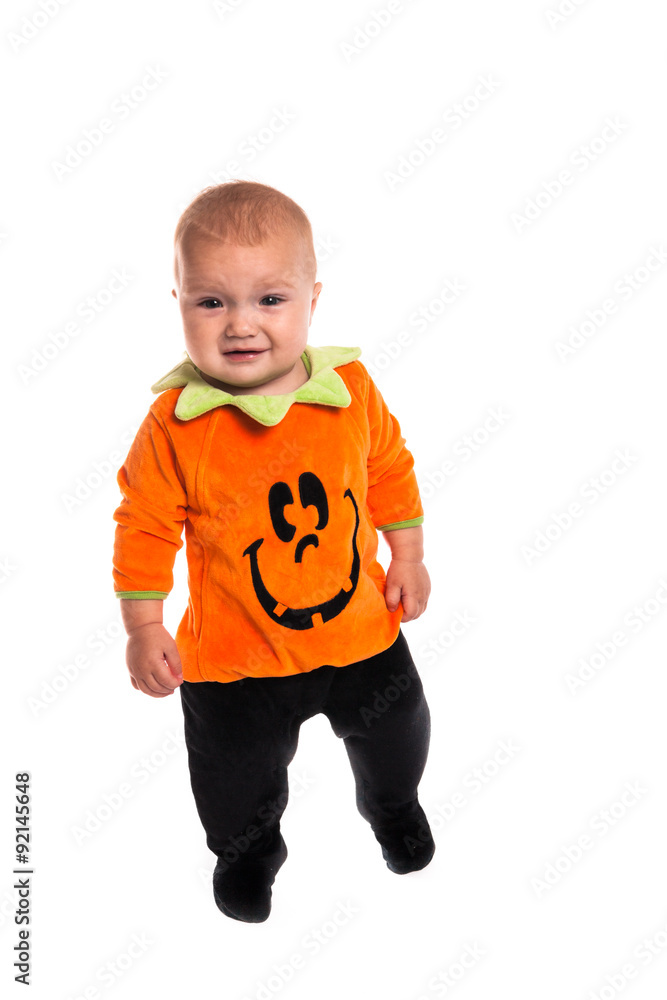 sad Toddler dressed as a pumpkin for Halloween sad Toddler dressed as a pumpkin for Halloween