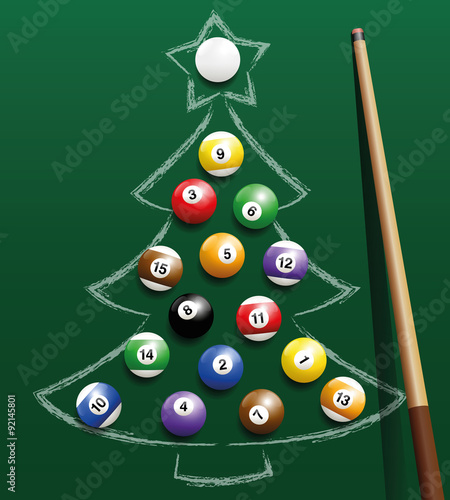 Pool billiard balls representing christmas balls on a chalk drawing. Three-dimensional isolated vector illustration on green gradient background.