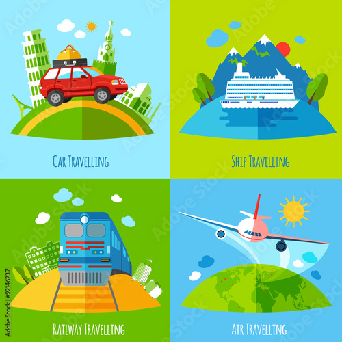 Travel transportation 4 flat icons square 