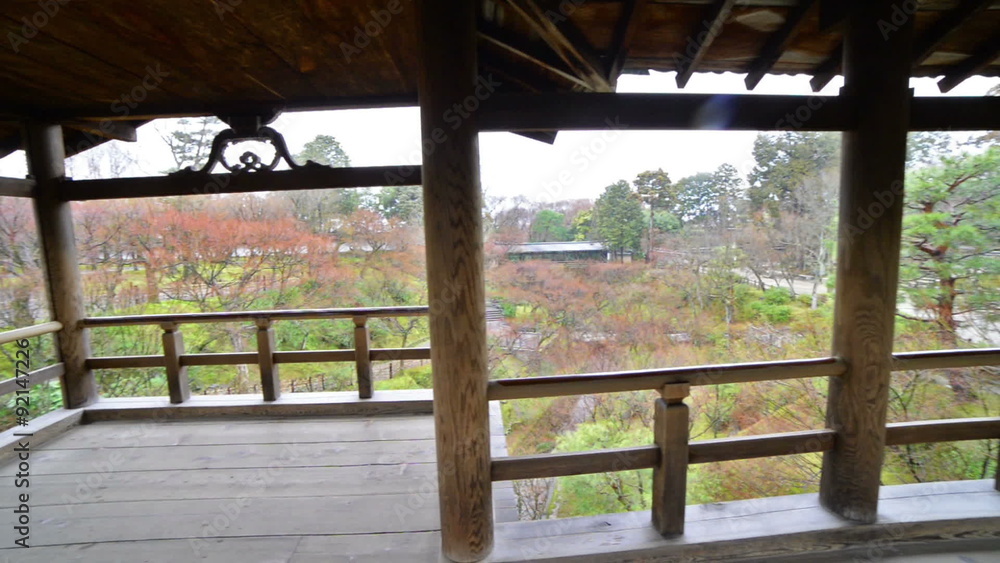 Traditional Japanese garden through hallway in Toufuku-ji in Kyoto, Japan -180 tracking pan left shot- Traditional Japanese garden through hallway in Toufuku-ji in Kyoto, Japan -180 tracking pan left shot-