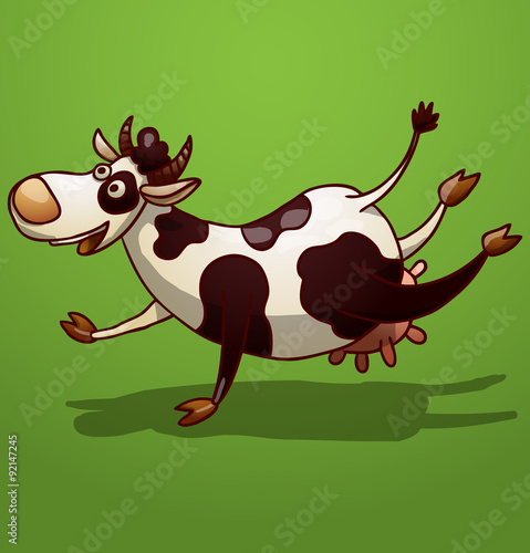 Vector black and white spotted funny cow. Image of a funny smiling cow black and white spotted color on a bright green background.