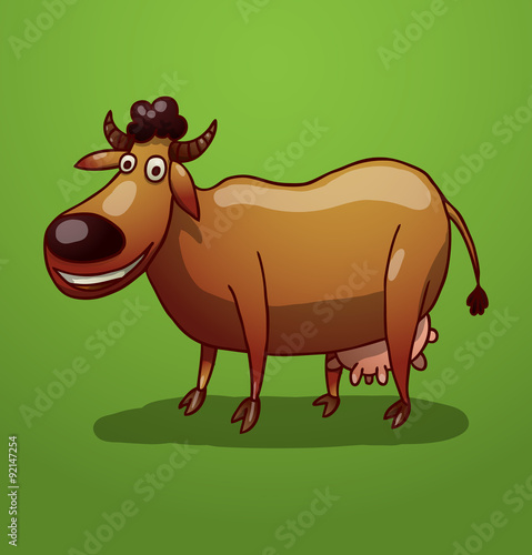 Vector brown funny cow. Image of a funny smiling cow brown color on a bright green background. © Ivan Nikulin