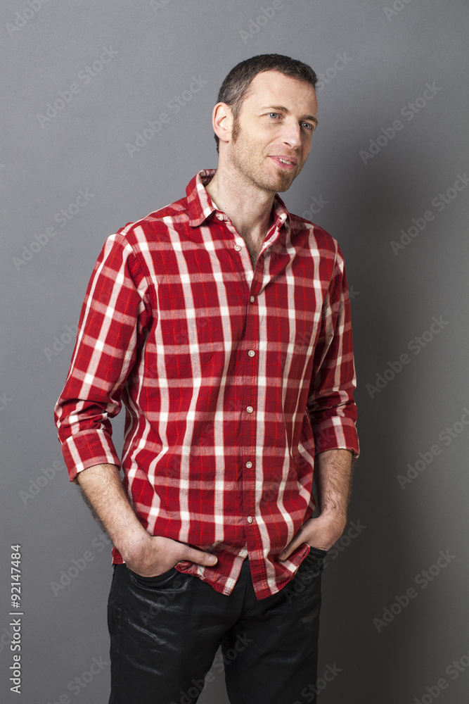 portrait of casual 40s man wearing goatee and checked shirt portrait of casual 40s man wearing goatee and checked shirt