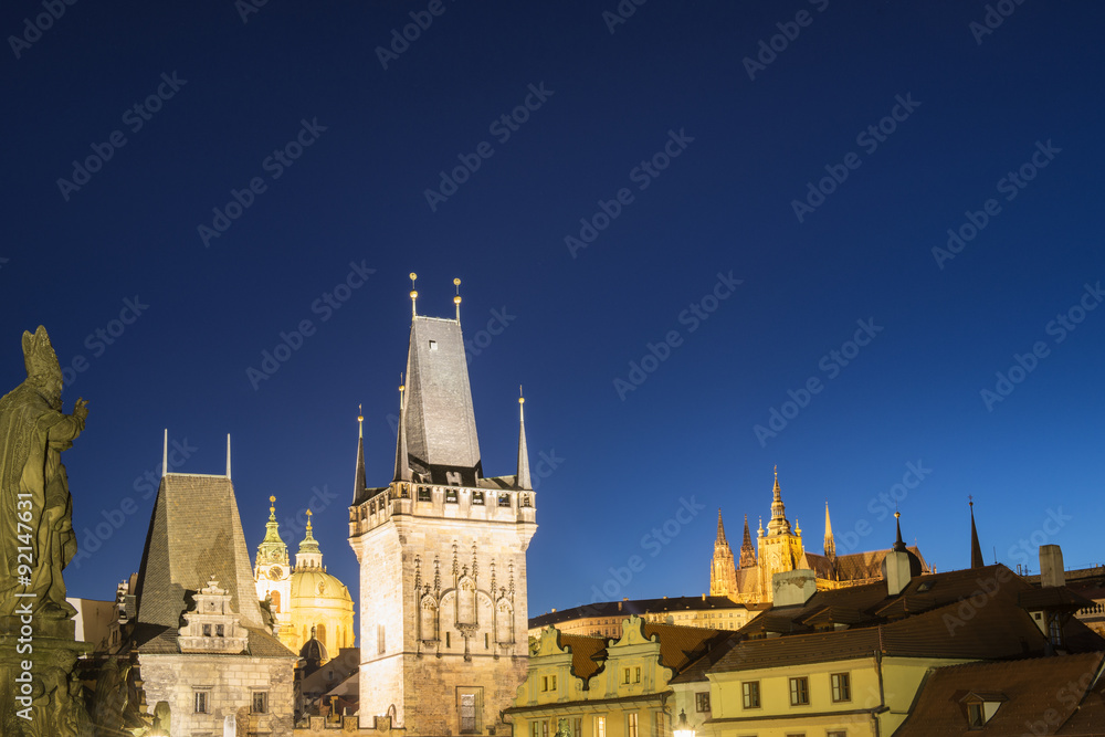 Night View on Prague Lesser Town with Cathedral, Bridge Tower an
